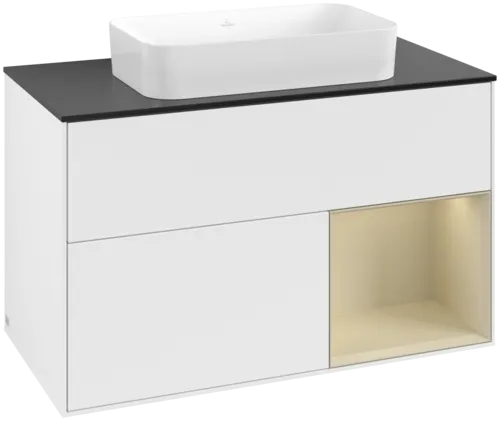 VILLEROY BOCH Toaletní skříňka Finion, s osvětlením, 2 výsuvy, 1000 x 603 x 501 mm, bílý matný lak / hedvábně šedý matný lak / černé matné sklo #F662HJMT