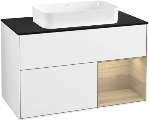 VILLEROY BOCH Toaletní skříňka Finion, s osvětlením, 2 výsuvy, 1000 x 603 x 501 mm, lesklý bílý lak / dubová dýha / černé matné sklo #F662PCGF