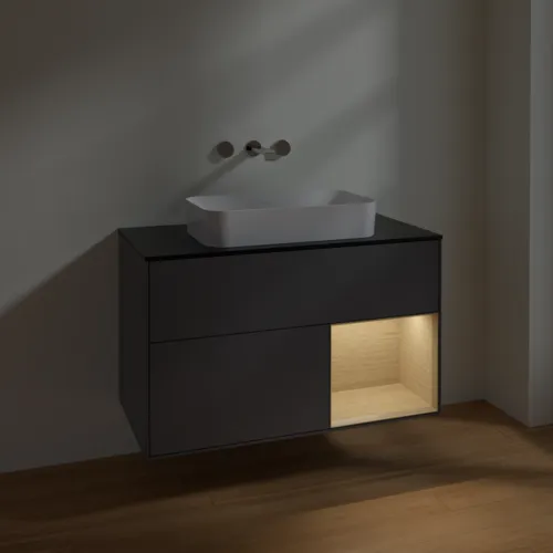VILLEROY BOCH Toaletní skříňka Finion, s osvětlením, 2 výsuvy, 1000 x 603 x 501 mm, antracitový matný lak / dubová dýha / černé matné sklo #F662PCGK, obrázek 3