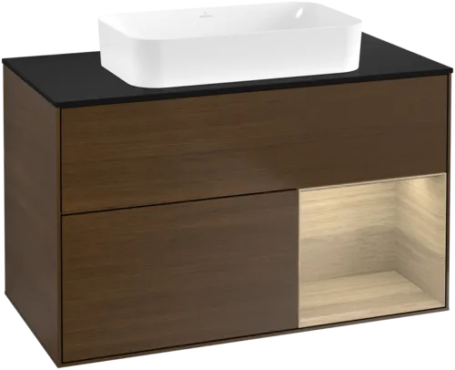 VILLEROY BOCH Toaletní stolek Finion, s osvětlením, 2 výsuvy, 1000 x 603 x 501 mm, ořechová dýha / dubová dýha / sklo černé matné #F662PCGN