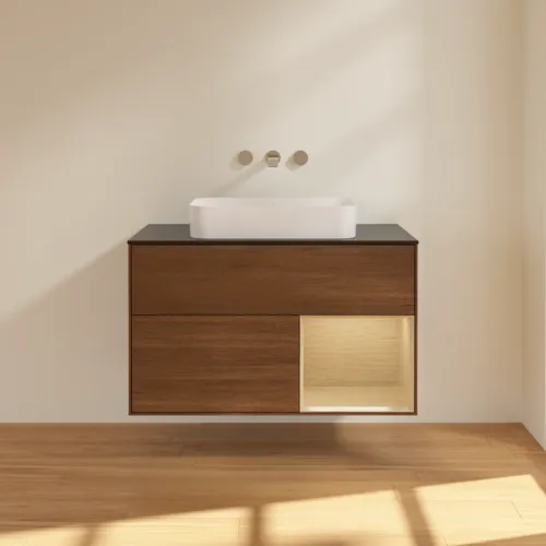 VILLEROY BOCH Toaletní stolek Finion, s osvětlením, 2 výsuvy, 1000 x 603 x 501 mm, ořechová dýha / dubová dýha / sklo černé matné #F662PCGN, obrázek 2