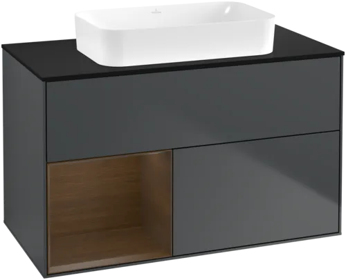 VILLEROY BOCH Toaletní skříňka Finion, s osvětlením, 2 výsuvy, 1000 x 603 x 501 mm, půlnočně modrý matný lak / ořechová dýha / černé matné sklo #F652GNHG