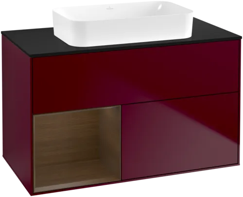 VILLEROY BOCH Toaletní stolek Finion, s osvětlením, 2 výsuvy, 1000 x 603 x 501 mm, matný lak Peony / ořechová dýha / černé matné sklo #F652GNHB