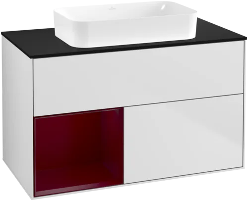 VILLEROY BOCH Toaletní skříňka Finion, s osvětlením, 2 výsuvy, 1000 x 603 x 501 mm, bílý matný lak / pivoňkový matný lak / černé matné sklo #F652HBMT