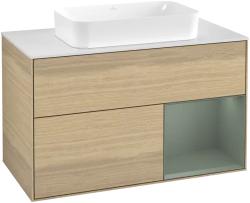 VILLEROY BOCH Toaletní skříňka Finion, s osvětlením, 2 výsuvy, 1000 x 603 x 501 mm, dubová dýha / olivový matný lak / sklo bílé matné #F661GMPC