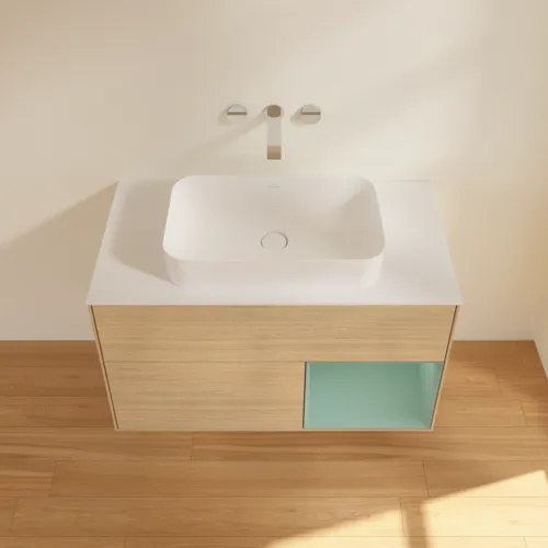 VILLEROY BOCH Toaletní skříňka Finion, s osvětlením, 2 výsuvy, 1000 x 603 x 501 mm, dubová dýha / olivový matný lak / sklo bílé matné #F661GMPC, obrázek 4