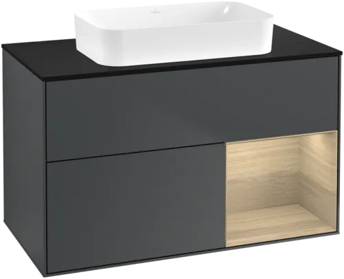 VILLEROY BOCH Toaletní skříňka Finion, s osvětlením, 2 výsuvy, 1000 x 603 x 501 mm, Midnight Blue Matt Lacquer / Oak Veneer / Glass Black Matt #F662PCHG