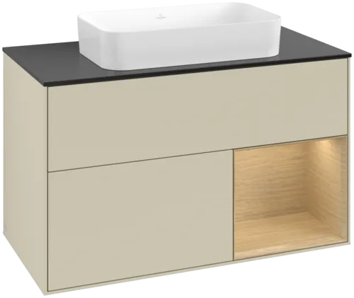 VILLEROY BOCH Toaletní skříňka Finion, s osvětlením, 2 výsuvy, 1000 x 603 x 501 mm, hedvábně šedý matný lak / dubová dýha / černé matné sklo #F662PCHJ