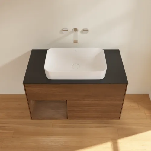 VILLEROY BOCH Toaletní stolek Finion, s osvětlením, 2 výsuvy, 1000 x 603 x 501 mm, ořechová dýha / ořechová dýha / sklo černé matné #F652GNGN, obrázek 4