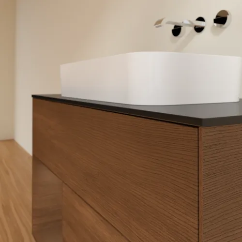 VILLEROY BOCH Toaletní stolek Finion, s osvětlením, 2 výsuvy, 1000 x 603 x 501 mm, ořechová dýha / ořechová dýha / sklo černé matné #F652GNGN, obrázek 6