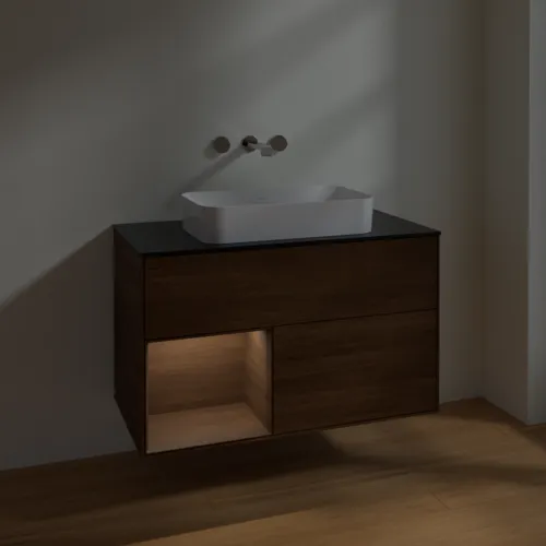 VILLEROY BOCH Toaletní stolek Finion, s osvětlením, 2 výsuvy, 1000 x 603 x 501 mm, ořechová dýha / ořechová dýha / sklo černé matné #F652GNGN, obrázek 5
