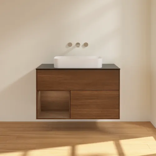 VILLEROY BOCH Toaletní stolek Finion, s osvětlením, 2 výsuvy, 1000 x 603 x 501 mm, ořechová dýha / ořechová dýha / sklo černé matné #F652GNGN, obrázek 3