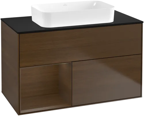 VILLEROY BOCH Toaletní stolek Finion, s osvětlením, 2 výsuvy, 1000 x 603 x 501 mm, ořechová dýha / ořechová dýha / sklo černé matné #F652GNGN