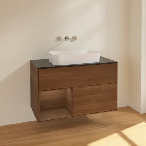 VILLEROY BOCH Toaletní stolek Finion, s osvětlením, 2 výsuvy, 1000 x 603 x 501 mm, ořechová dýha / ořechová dýha / sklo černé matné #F652GNGN, obrázek 2