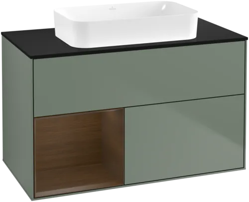 VILLEROY BOCH Toaletní skříňka Finion, s osvětlením, 2 výsuvy, 1000 x 603 x 501 mm, olivový matný lak / ořechová dýha / černé matné sklo #F652GNGM