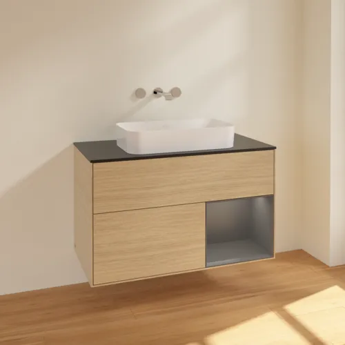 VILLEROY BOCH Toaletní skříňka Finion, s osvětlením, 2 výsuvy, 1000 x 603 x 501 mm, dubová dýha / antracitový matný lak / černé matné sklo #F662GKPC, obrázek 2