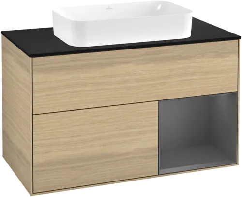 VILLEROY BOCH Toaletní skříňka Finion, s osvětlením, 2 výsuvy, 1000 x 603 x 501 mm, dubová dýha / antracitový matný lak / černé matné sklo #F662GKPC