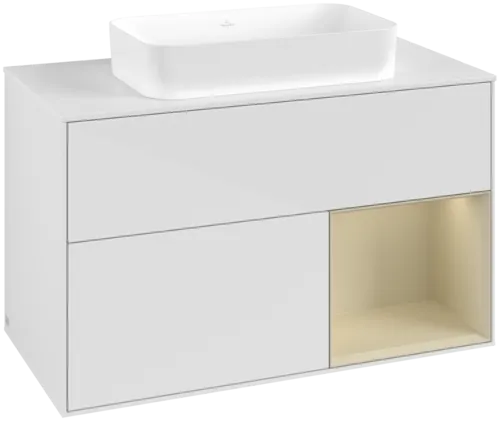 VILLEROY BOCH Toaletní skříňka Finion, s osvětlením, 2 výsuvy, 1000 x 603 x 501 mm, lesklý bílý lak / hedvábně šedý matný lak / bílé matné sklo #F661HJGF