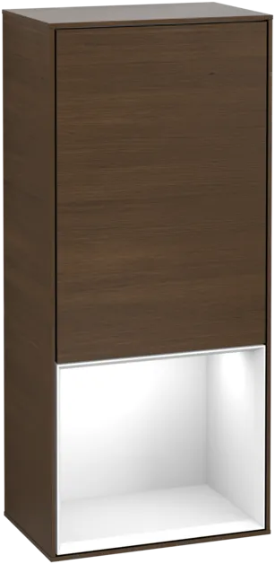 VILLEROY BOCH Boční skříňka Finion, s osvětlením, 1 dvířka, 418 x 936 x 270 mm, ořechová dýha / lesklý bílý lak #F540GFGN