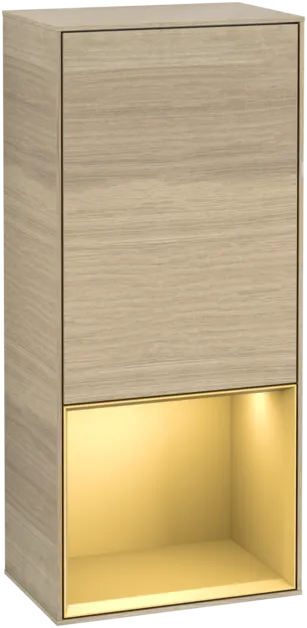 VILLEROY BOCH Boční skříňka Finion, s osvětlením, 1 dvířka, 418 x 936 x 270 mm, dubová dýha / zlatý matný lak #F550HFPC