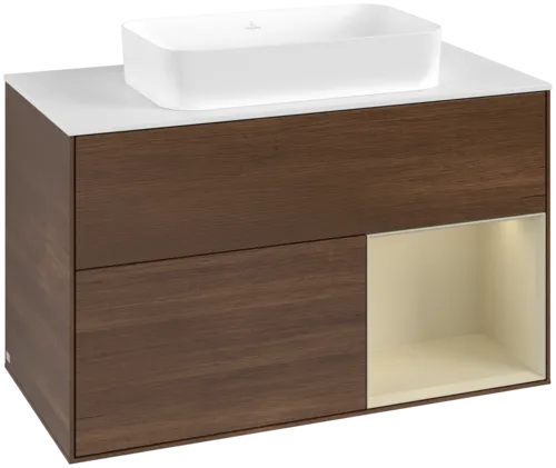 VILLEROY BOCH Toaletní skříňka Finion, s osvětlením, 2 výsuvy, 1000 x 603 x 501 mm, ořechová dýha / hedvábně šedý matný lak / sklo bílé matné #F661HJGN