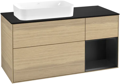 VILLEROY BOCH Toaletní skříňka Finion, s osvětlením, 3 výsuvy, 1200 x 603 x 501 mm, dubová dýha / černý matný lak / černé matné sklo #F692PDPC