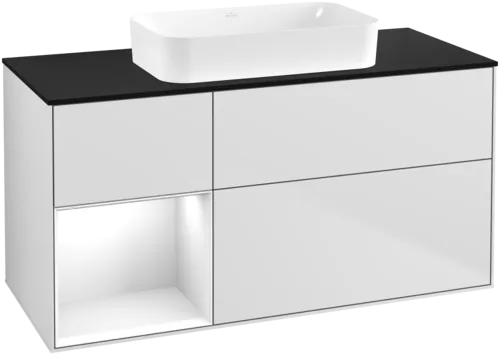 VILLEROY BOCH Toaletní skříňka Finion, s osvětlením, 3 výsuvy, 1200 x 603 x 501 mm, bílý matný lak / bílý lesklý lak / černé matné sklo #F702GFMT