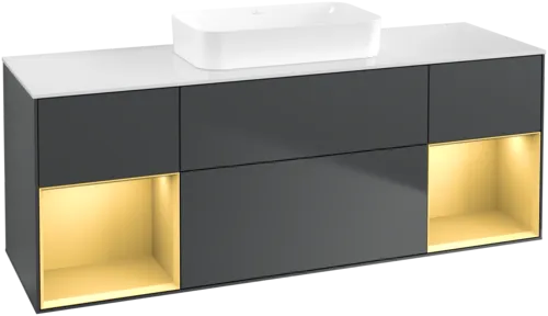 VILLEROY BOCH Toaletní skříňka Finion, s osvětlením, 4 výsuvy, 1600 x 603 x 501 mm, Midnight Blue Matt Lacquer / Gold Matt Lacquer / Glass White Matt #F741HFHG