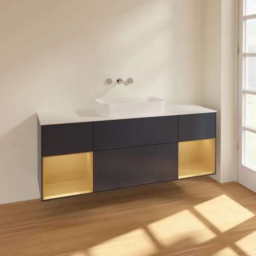 VILLEROY BOCH Toaletní skříňka Finion, s osvětlením, 4 výsuvy, 1600 x 603 x 501 mm, Midnight Blue Matt Lacquer / Gold Matt Lacquer / Glass White Matt #F741HFHG, obrázek 2