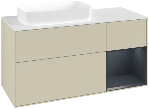 VILLEROY BOCH Toaletní skříňka Finion, s osvětlením, 3 výsuvy, 1200 x 603 x 501 mm, hedvábně šedý matný lak / půlnočně modrý matný lak / bílé matné sklo #F691HGHJ
