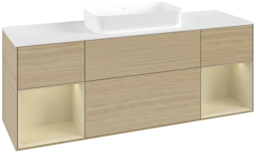 VILLEROY BOCH Toaletní skříňka Finion, s osvětlením, 4 výsuvy, 1600 x 603 x 501 mm, dubová dýha / hedvábně šedý matný lak / sklo bílé matné #F741HJPC
