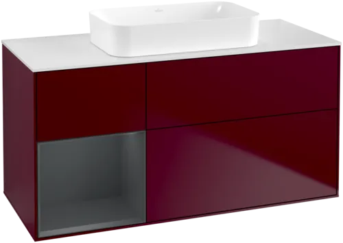 VILLEROY BOCH Toaletní skříňka Finion, s osvětlením, 3 výsuvy, 1200 x 603 x 501 mm, Pivoňka matný lak / Půlnoční modrá matný lak / Sklo bílé matné #F701HGHB