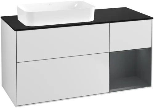 VILLEROY BOCH Toaletní skříňka Finion, s osvětlením, 3 výsuvy, 1200 x 603 x 501 mm, bílý matný lak / půlnoční modrý matný lak / černé matné sklo #F692HGMT