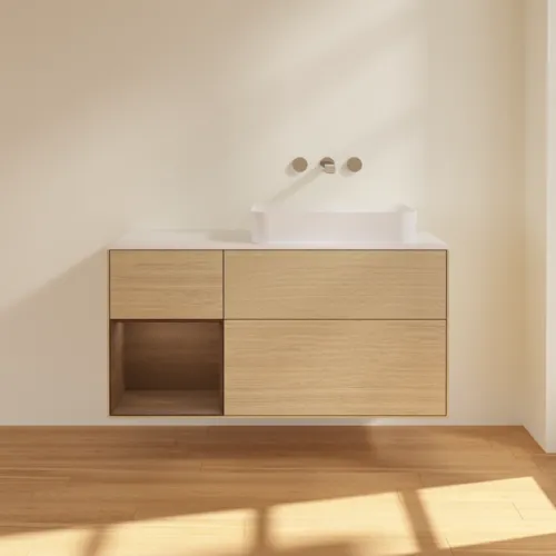 VILLEROY BOCH Toaletní skříňka Finion, s osvětlením, 3 výsuvy, 1200 x 603 x 501 mm, dubová dýha / ořechová dýha / sklo bílé matné #F681GNPC, obrázek 2
