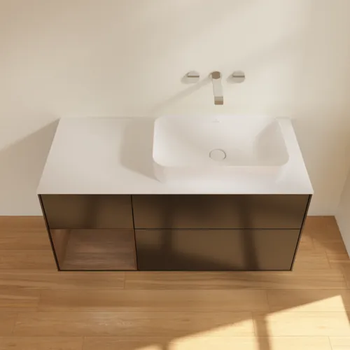 VILLEROY BOCH Toaletní skříňka Finion, s osvětlením, 3 výsuvy, 1200 x 603 x 501 mm, černý matný lak / ořechová dýha / bílé matné sklo #F681GNPD, obrázek 4