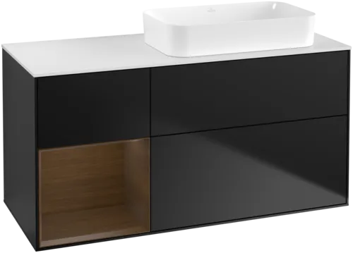 VILLEROY BOCH Toaletní skříňka Finion, s osvětlením, 3 výsuvy, 1200 x 603 x 501 mm, černý matný lak / ořechová dýha / bílé matné sklo #F681GNPD