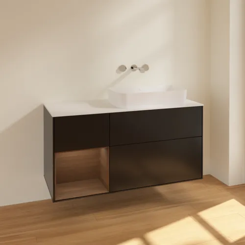 VILLEROY BOCH Toaletní skříňka Finion, s osvětlením, 3 výsuvy, 1200 x 603 x 501 mm, černý matný lak / ořechová dýha / bílé matné sklo #F681GNPD, obrázek 2