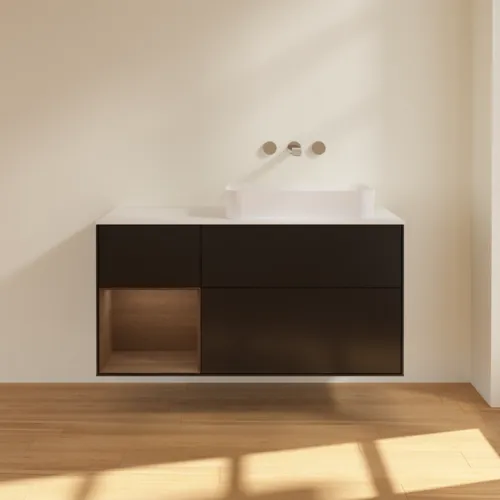 VILLEROY BOCH Toaletní skříňka Finion, s osvětlením, 3 výsuvy, 1200 x 603 x 501 mm, černý matný lak / ořechová dýha / bílé matné sklo #F681GNPD, obrázek 3