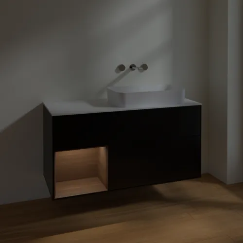 VILLEROY BOCH Toaletní skříňka Finion, s osvětlením, 3 výsuvy, 1200 x 603 x 501 mm, černý matný lak / ořechová dýha / bílé matné sklo #F681GNPD, obrázek 5