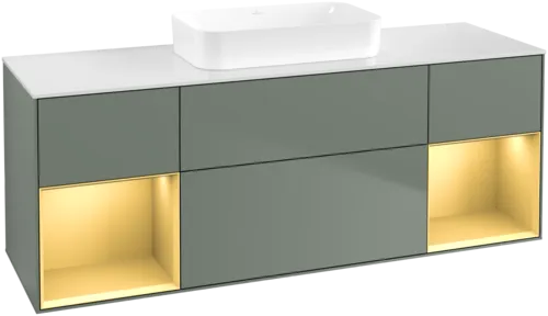VILLEROY BOCH Toaletní skříňka Finion, s osvětlením, 4 výsuvy, 1600 x 603 x 501 mm, olivový matný lak / zlatý matný lak / bílé matné sklo #F741HFGM