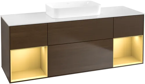 VILLEROY BOCH Toaletní skříňka Finion, s osvětlením, 4 výsuvy, 1600 x 603 x 501 mm, ořechová dýha / zlatý matný lak / sklo bílé matné #F741HFGN