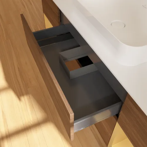 VILLEROY BOCH Toaletní skříňka Finion, s osvětlením, 4 výsuvy, 1600 x 603 x 501 mm, ořechová dýha / zlatý matný lak / sklo bílé matné #F741HFGN, obrázek 8