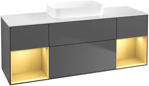 VILLEROY BOCH Toaletní skříňka Finion, s osvětlením, 4 výsuvy, 1600 x 603 x 501 mm, antracitový matný lak / zlatý matný lak / bílé matné sklo #F741HFGK