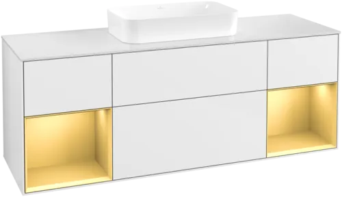 VILLEROY BOCH Toaletní skříňka Finion, s osvětlením, 4 výsuvy, 1600 x 603 x 501 mm, lesklý bílý lak / zlatý matný lak / bílé matné sklo #F741HFGF