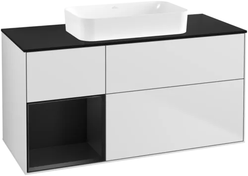VILLEROY BOCH Toaletní skříňka Finion, s osvětlením, 3 výsuvy, 1200 x 603 x 501 mm, bílý matný lak / černý matný lak / černé matné sklo #F702PDMT
