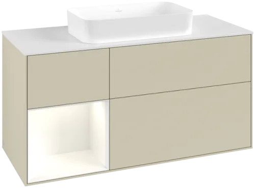 VILLEROY BOCH Toaletní skříňka Finion, s osvětlením, 3 výsuvy, 1200 x 603 x 501 mm, hedvábně šedý matný lak / lesklý bílý lak / bílé matné sklo #F701GFHJ