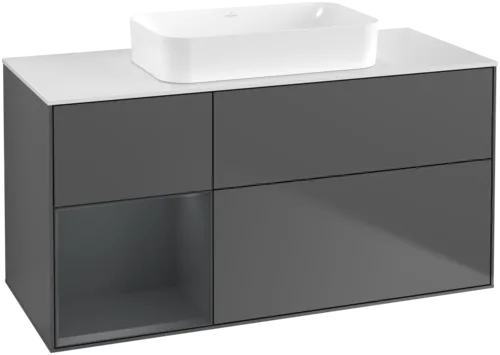 VILLEROY BOCH Toaletní skříňka Finion, s osvětlením, 3 výsuvy, 1200 x 603 x 501 mm, antracitový matný lak / půlnoční modrý matný lak / bílé matné sklo #F701HGGK