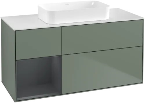 VILLEROY BOCH Toaletní skříňka Finion, s osvětlením, 3 výsuvy, 1200 x 603 x 501 mm, olivový matný lak / půlnoční modrý matný lak / bílé matné sklo #F701HGGM