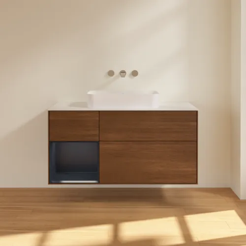 VILLEROY BOCH Toaletní skříňka Finion, s osvětlením, 3 výsuvy, 1200 x 603 x 501 mm, ořechová dýha / půlnočně modrý matný lak / sklo bílé matné #F701HGGN, obrázek 2