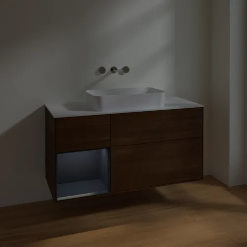 VILLEROY BOCH Toaletní skříňka Finion, s osvětlením, 3 výsuvy, 1200 x 603 x 501 mm, ořechová dýha / půlnočně modrý matný lak / sklo bílé matné #F701HGGN, obrázek 3